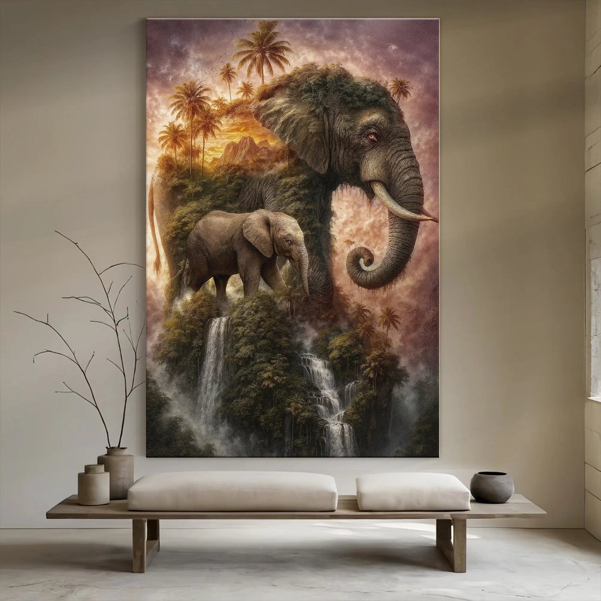 Elephant Jungle Majesty Canvas Tailored Canvases elephants among palms and waterfall on Tampa Home & Garden Store