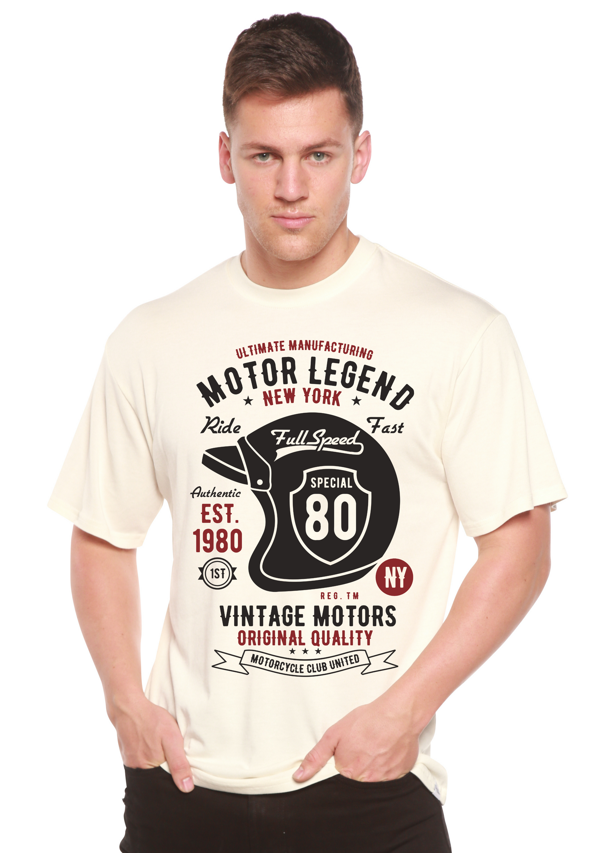 Motor Legend helmet graphic T-shirt, men's short sleeve, bamboo viscose/organic cotton blend, white Spun Bamboo on Tampa Home & Garden Store
