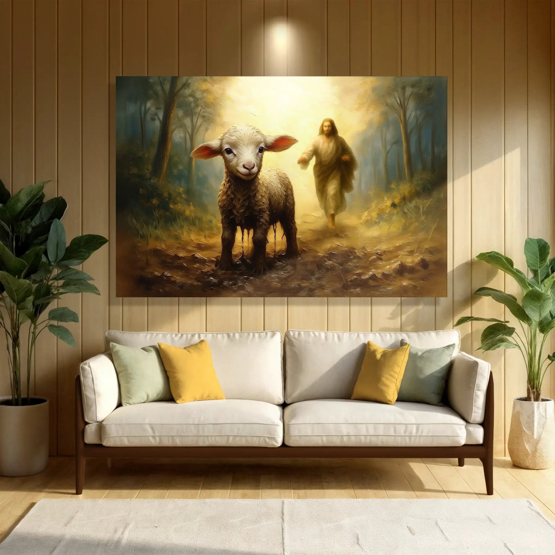 Jesus Running After A Lost Lamb Faith Wall Art canvas with lamb in foreground Tailored Canvases on Tampa Home & Garden Store
