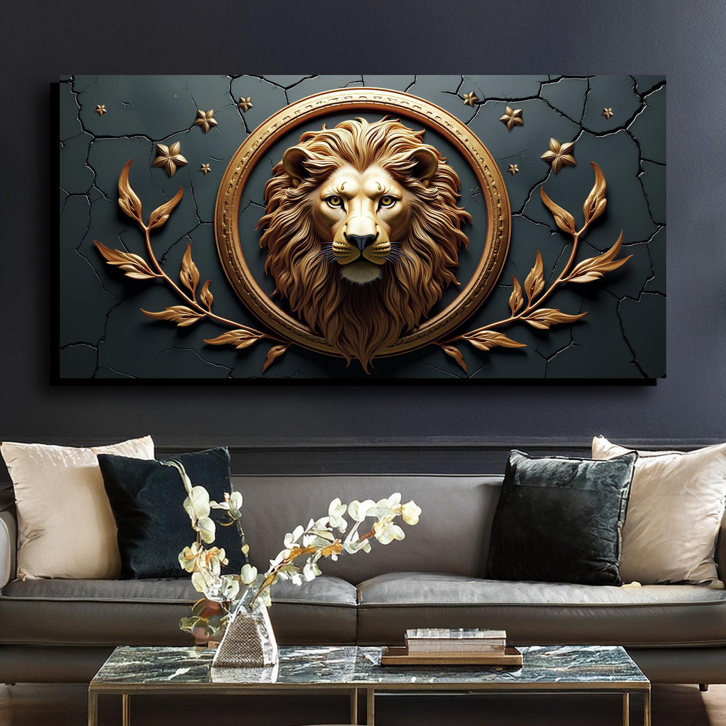 3D Majestic Lion Wall Art canvas with gold circle frame on teal backdrop by Tailored Canvases on Tampa Home & Garden Store