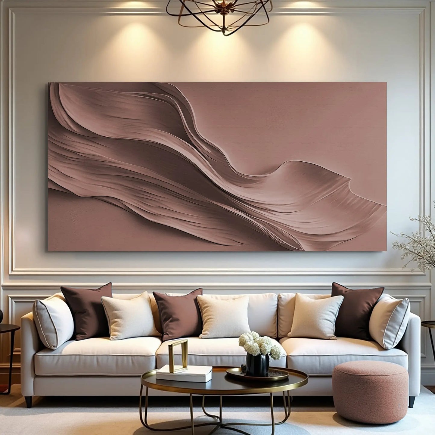 Warm terracotta minimalist wall art canvas with flowing abstract ribbons, large crafting canvas on Tampa Home & Garden Store