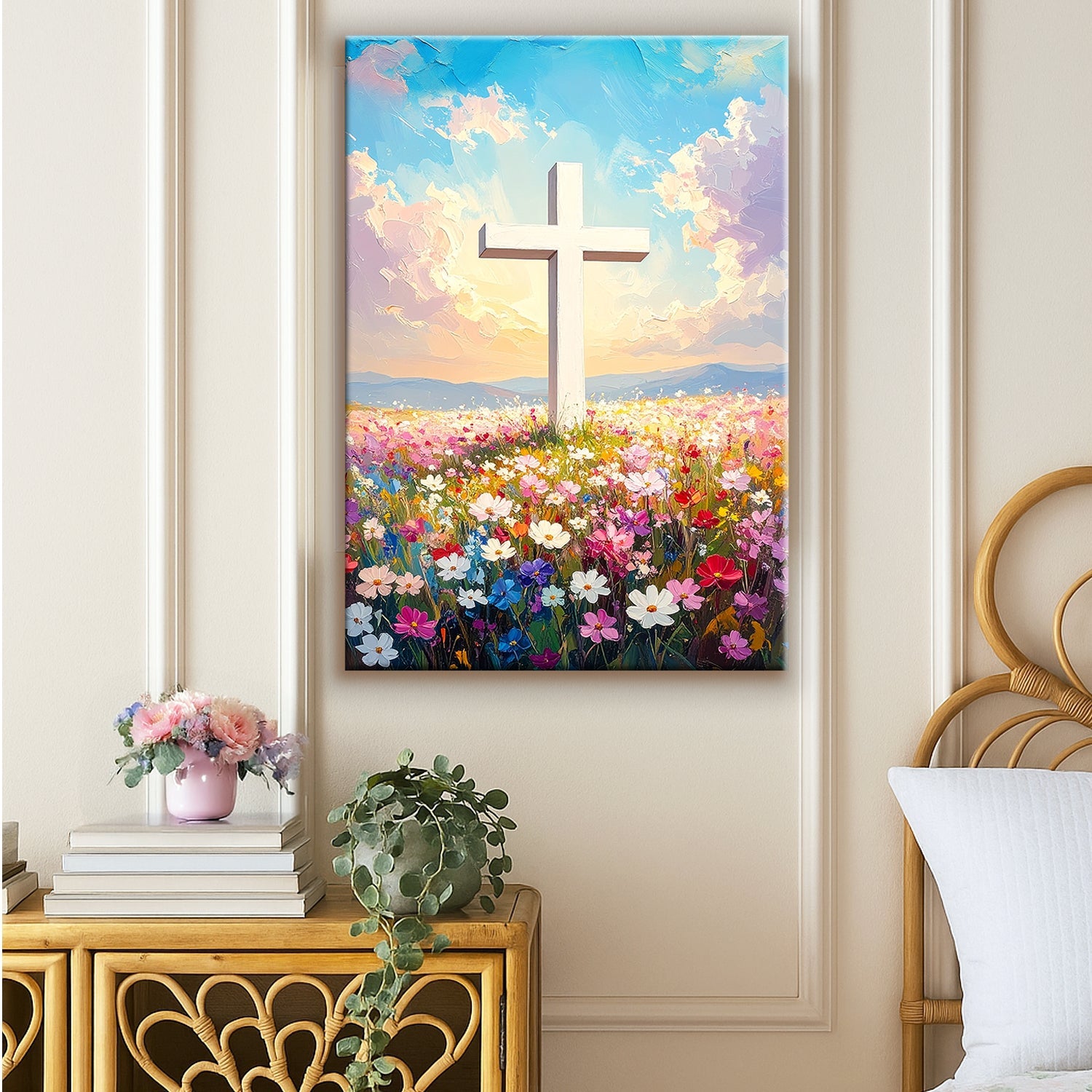 Cross Floral Field Faith Wall Art canvas Tailored Canvases, field of flowers with white cross on Tampa Home & Garden Store