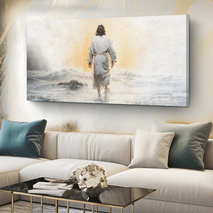 Peace Be Still Faith Wall Art canvas robed figure on misty beach at sunrise in gray and gold on Tampa Home & Garden Store