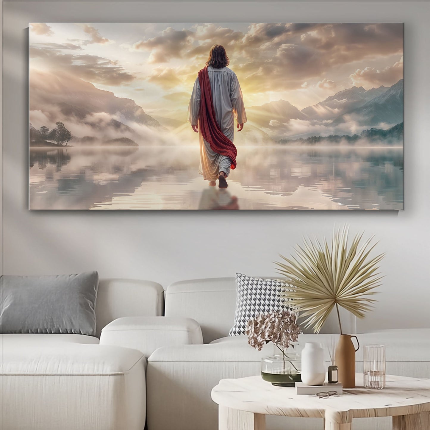 Reflections Faith Wall Art II canvas shows robe figure walking toward sunrise over peaks on Tampa Home & Garden Store