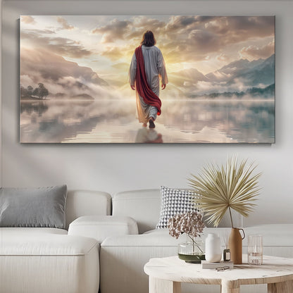 Reflections Faith Wall Art II canvas shows robe figure walking toward sunrise over peaks on Tampa Home & Garden Store