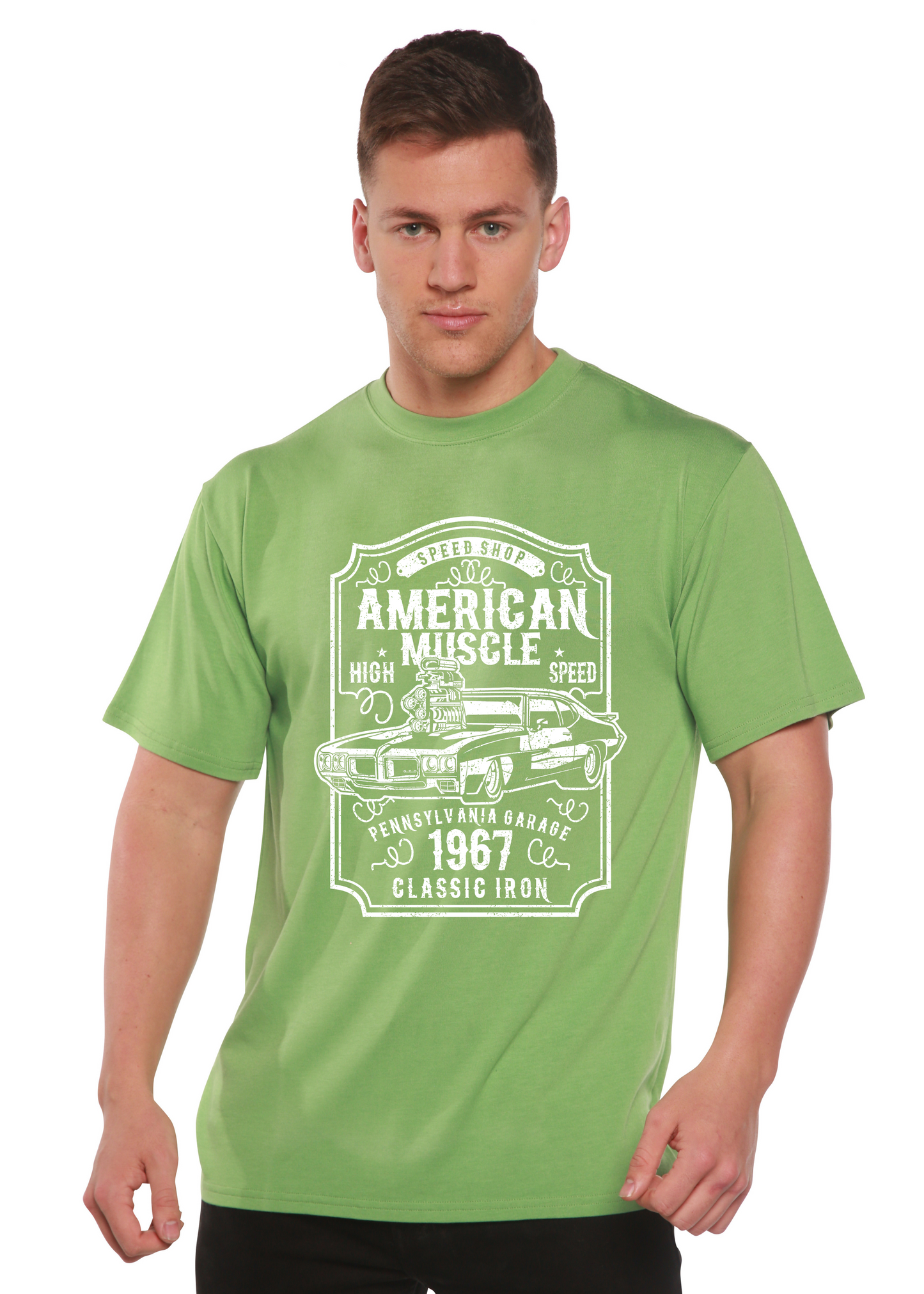 Men's green bamboo viscose/organic cotton tee with American Muscle print by Spun Bamboo on Tampa Home & Garden Store