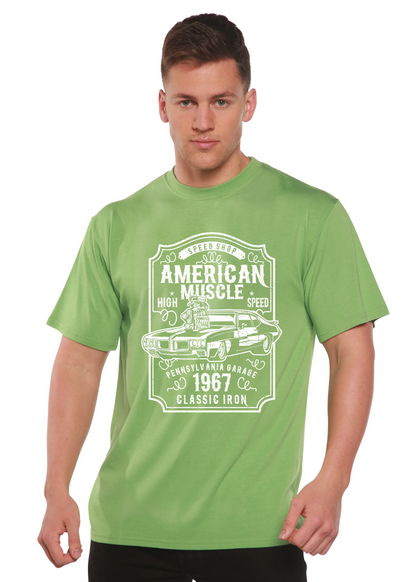 Men's green bamboo viscose/organic cotton tee with American Muscle print by Spun Bamboo on Tampa Home & Garden Store