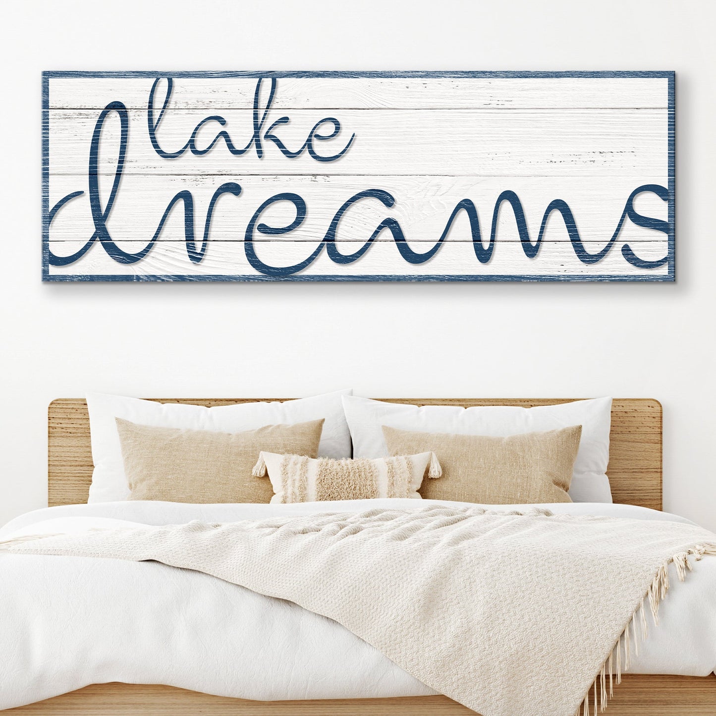 Lake Dreams Sign II canvas by Tailored Canvases with distressed white wood planks and blue script on Tampa Home & Garden Store