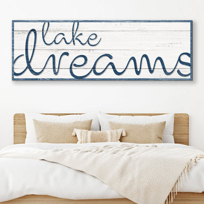Lake Dreams Sign II canvas by Tailored Canvases with distressed white wood planks and blue script on Tampa Home & Garden Store