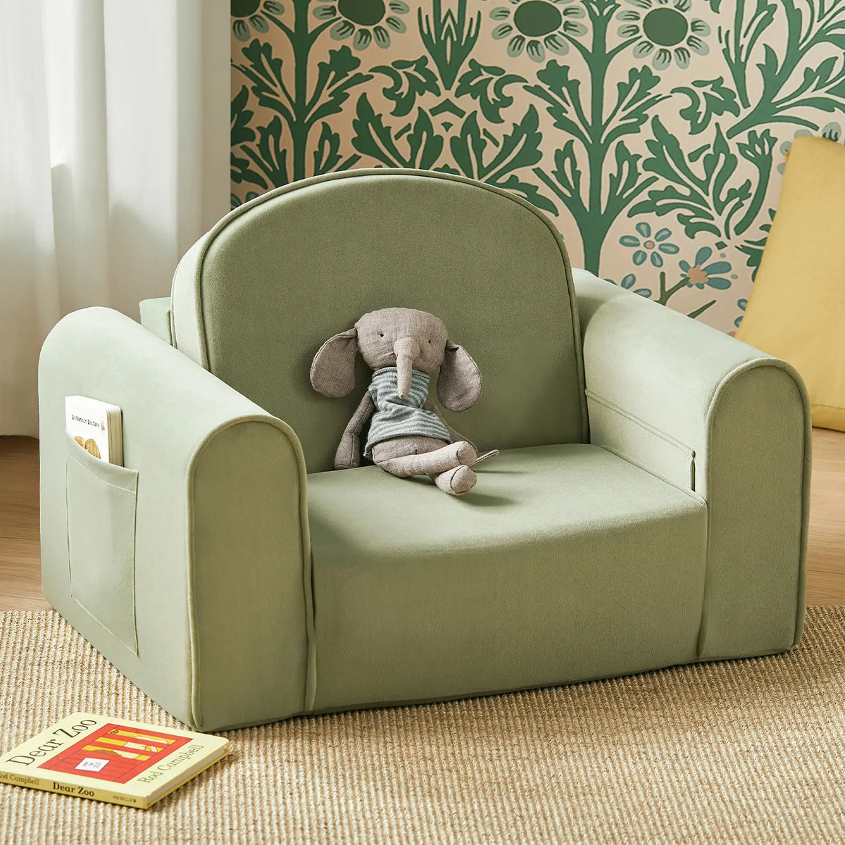 Tiny Land GentleSnug Kid Chair sage green fabric play sofa by Tiny Land INC with plush elephant on Tampa Home & Garden Store