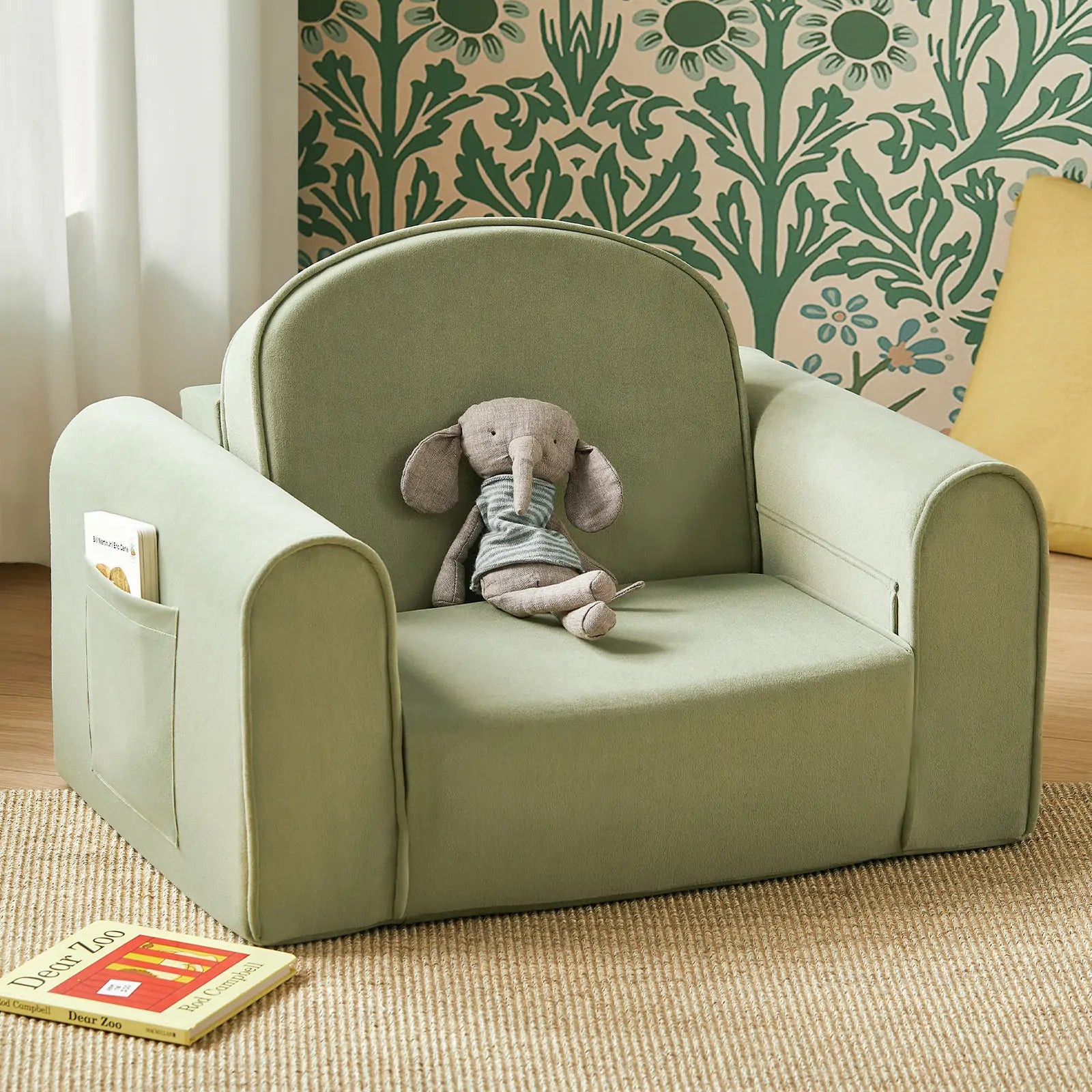 Tiny Land GentleSnug Kid Chair sage green fabric play sofa by Tiny Land INC with plush elephant on Tampa Home & Garden Store