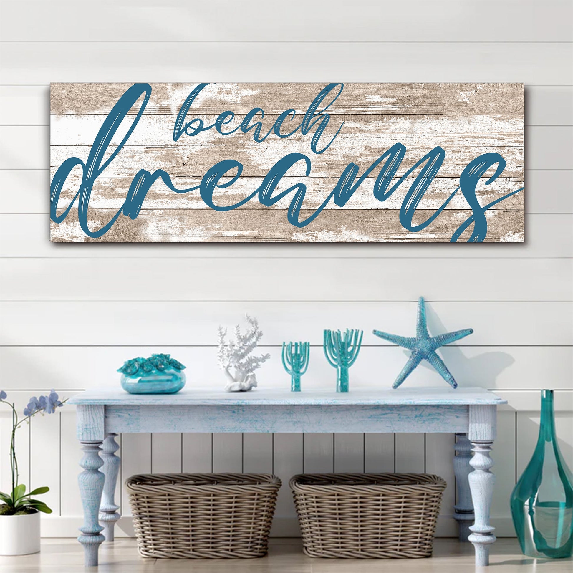 Beach Dreams Sign canvas by Tailored Canvases on rustic wood panel with teal script on Tampa Home & Garden Store