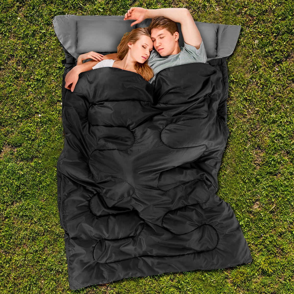 Saco de dormir impermeable para 2 personas con 2 almohadas - Negro