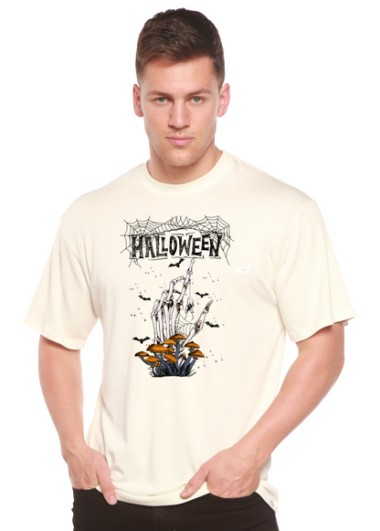 Spun Bamboo Halloween men's graphic tee with skeletal hand rising from mushrooms on Tampa Home & Garden Store