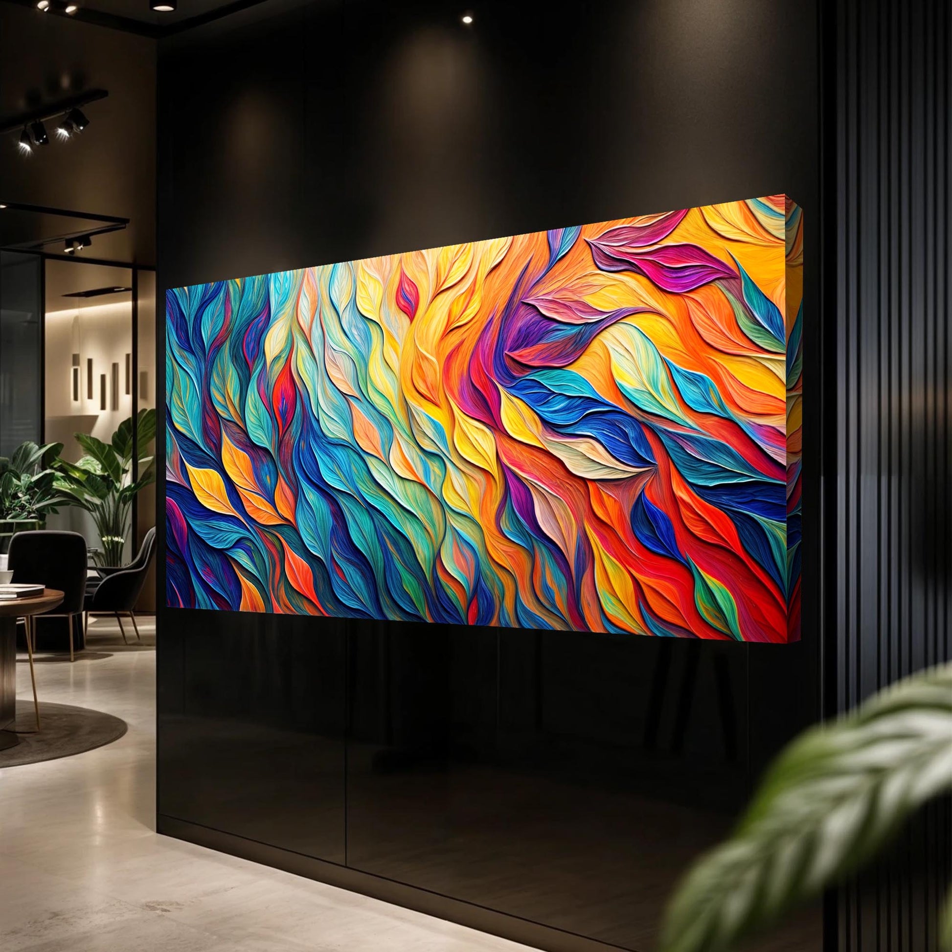 Chroma Whispers Wall Art crafting canvas by Tailored Canvases with rainbow swirls on wall on Tampa Home & Garden Store