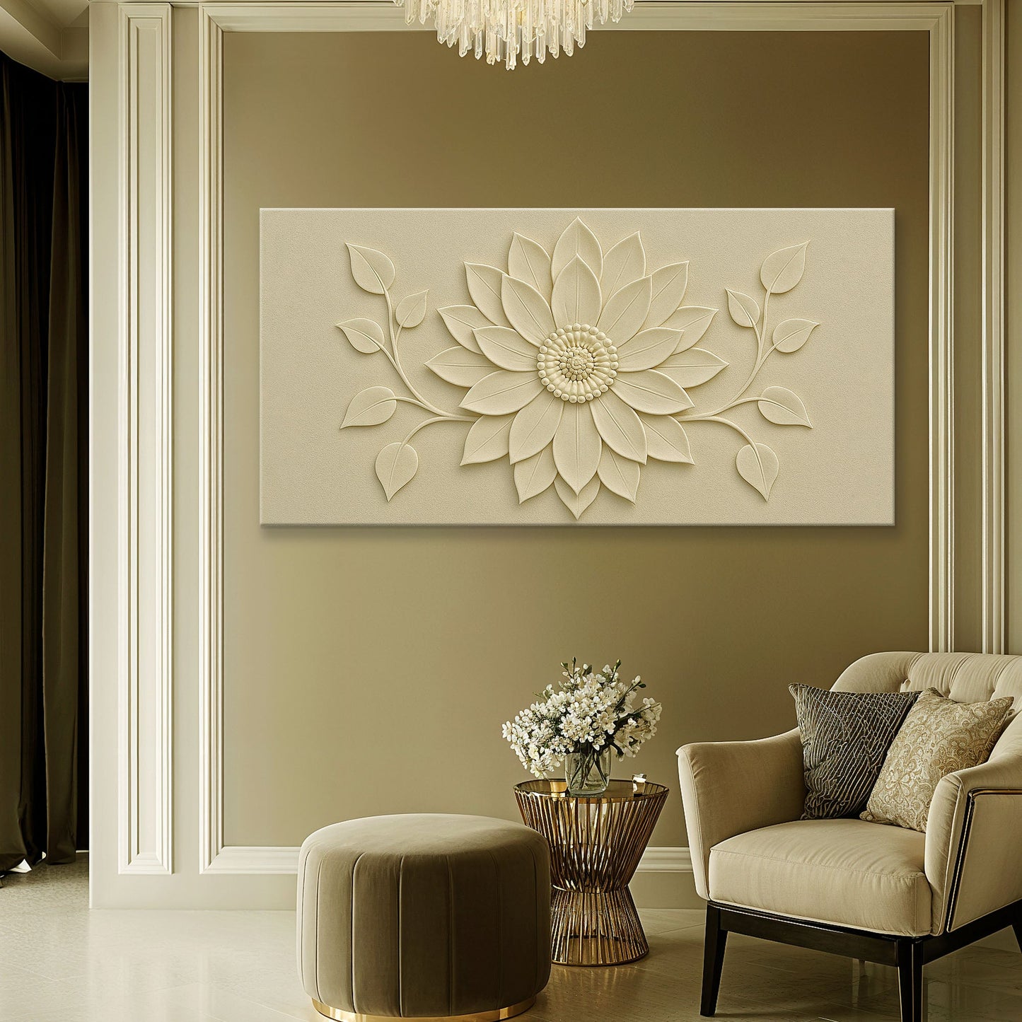 Floral Abstract Wall Art VI canvas by Tailored Canvases; cream 3D flower relief on taupe crafting canvas on Tampa Home & Garden Store