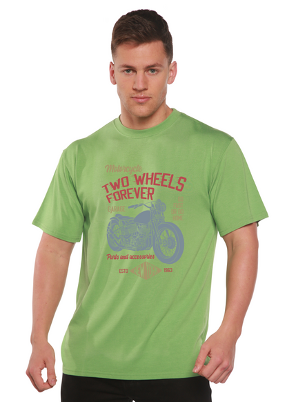 Two Wheels Forever men's bamboo viscose/organic cotton graphic T-shirt lime green with print on Tampa Home & Garden Store
