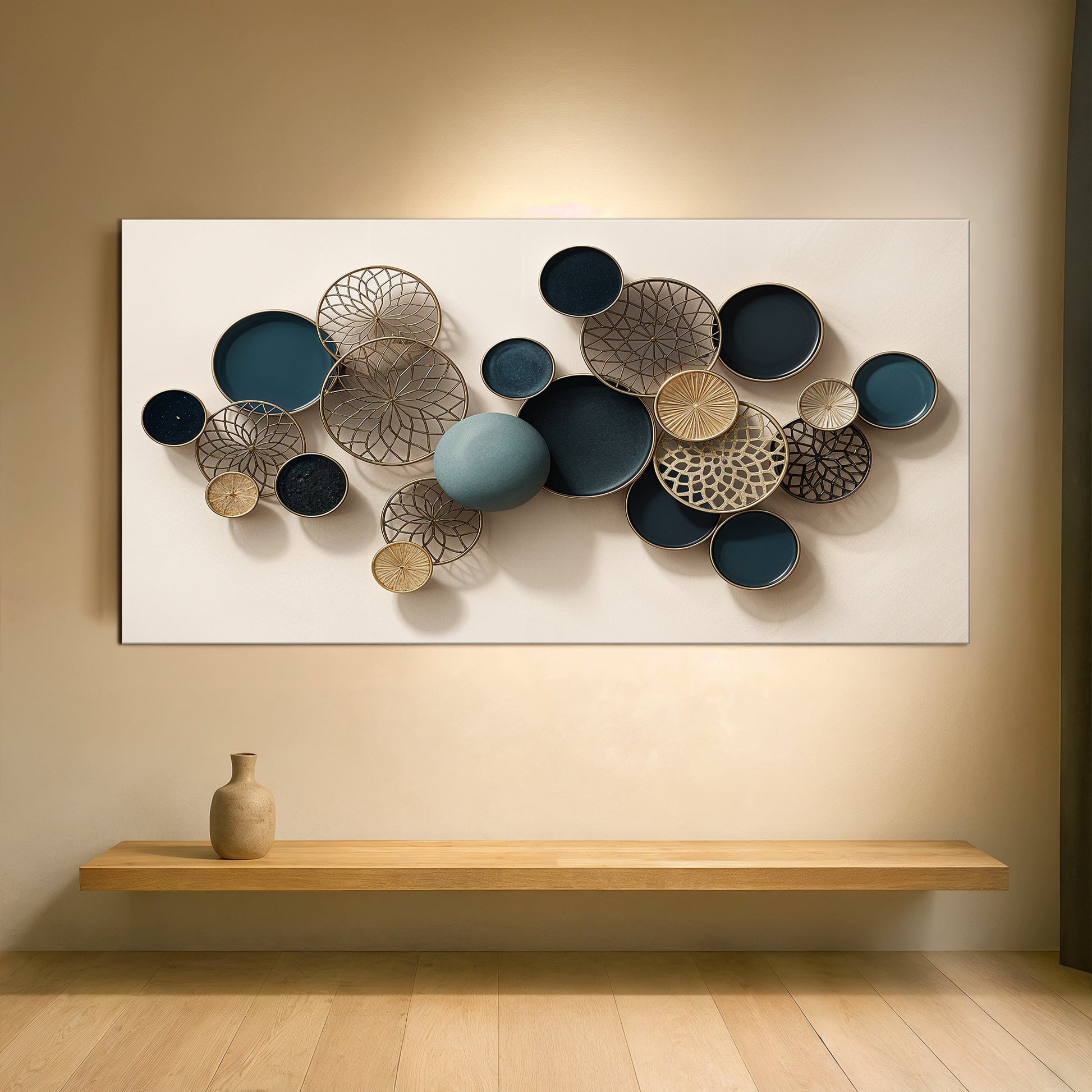 Lotus Leaf Abstract Wall Art canvas Tailored Canvases; teal navy discs with gold rims on panel on Tampa Home & Garden Store