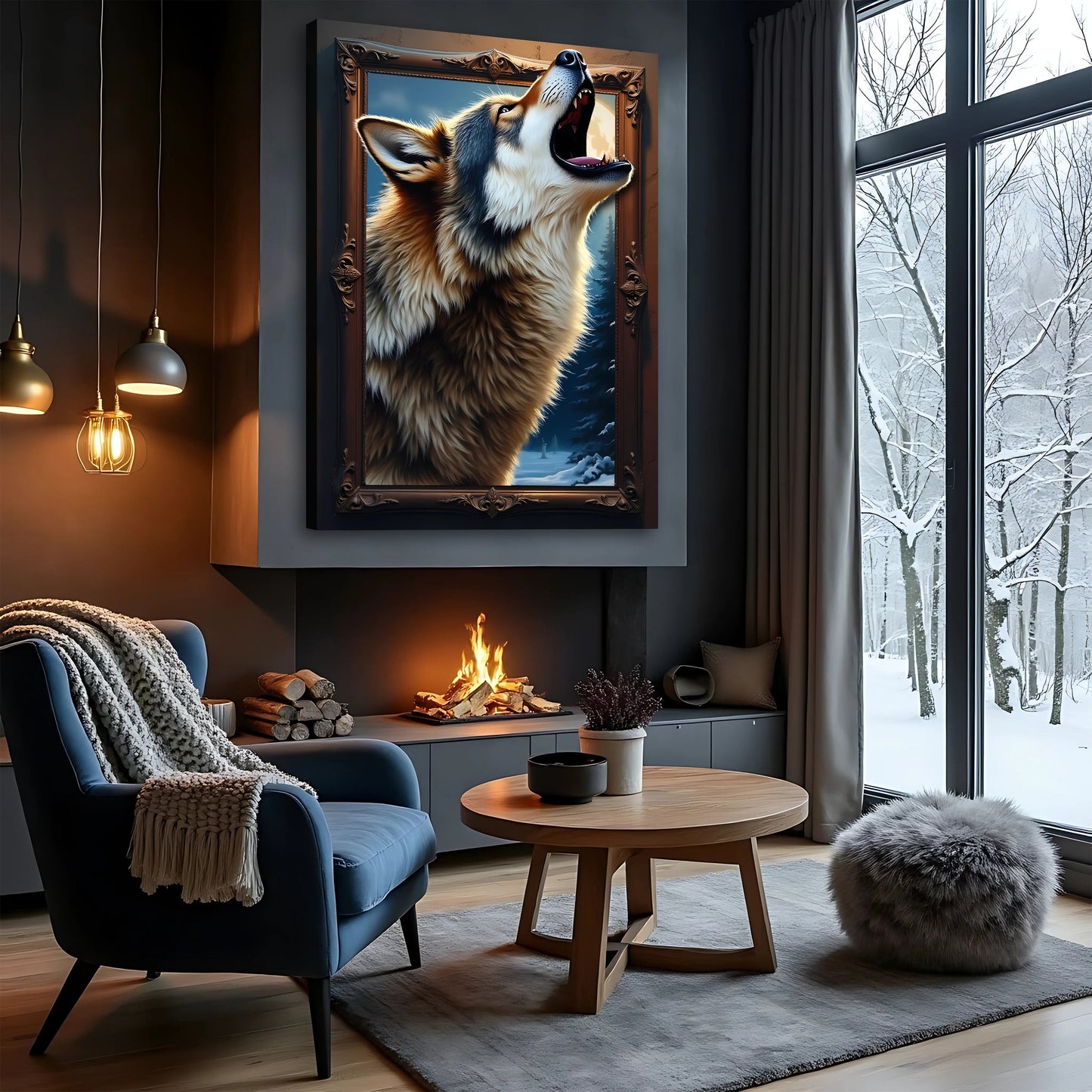 3D Wolf Wall Art canvas by Tailored Canvases; ornate framed wolf portrait in a cozy living room on Tampa Home & Garden Store