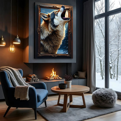 3D Wolf Wall Art canvas by Tailored Canvases; ornate framed wolf portrait in a cozy living room on Tampa Home & Garden Store