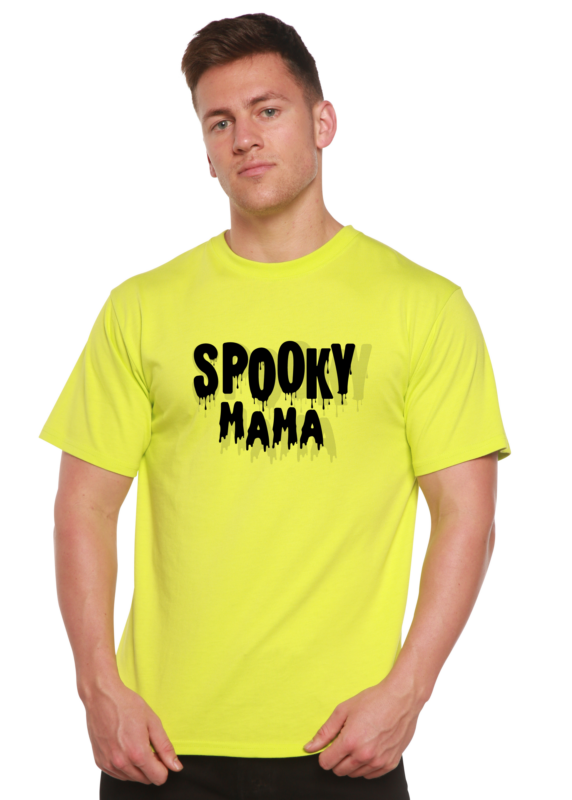 Spooky Mama Halloween men's graphic tee in neon lime with dripping black text bamboo viscose/organic cotton on Tampa Home & Garden Store