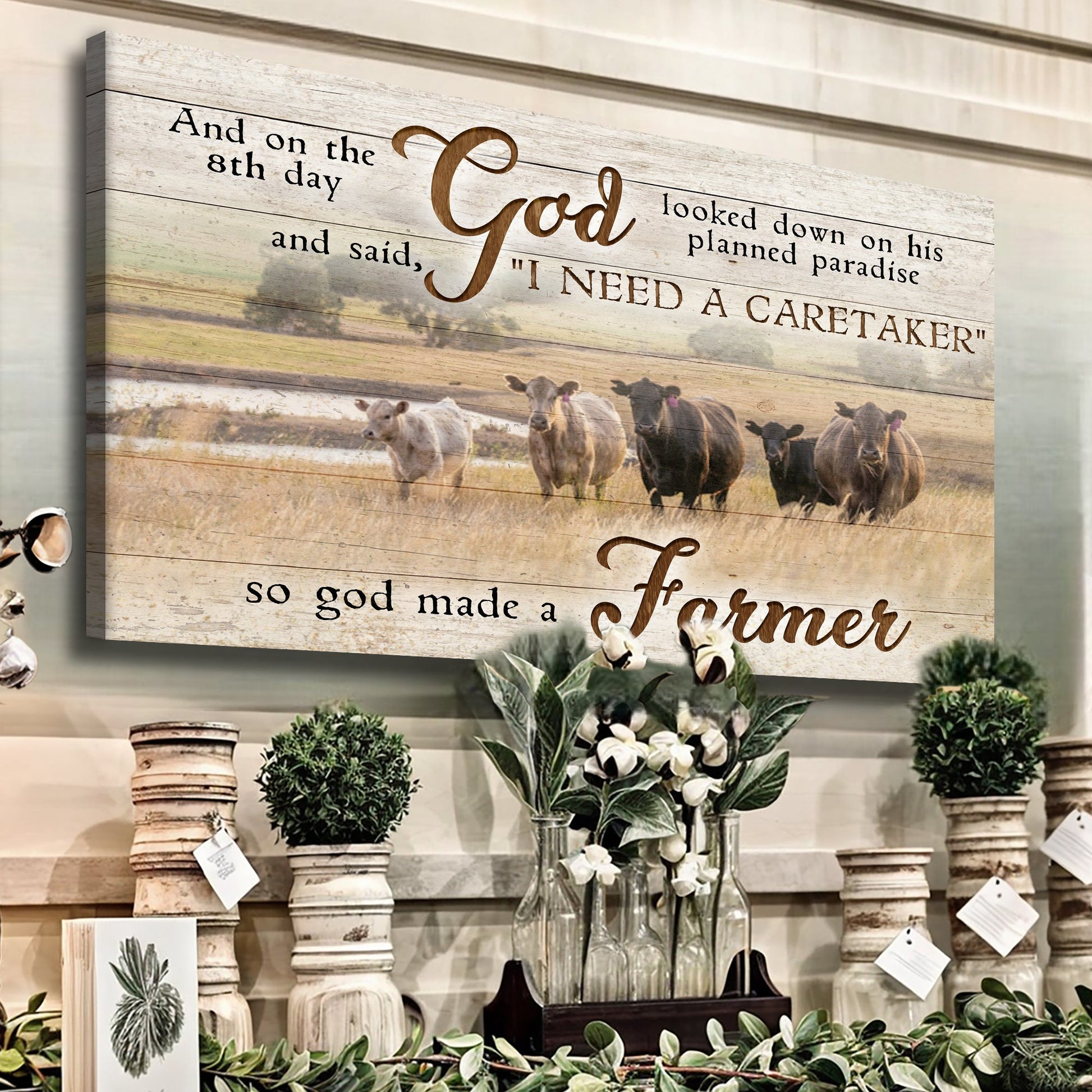 Canvas wall art with rustic whitewashed planks, large brown script God and farmer quote on Tampa Home & Garden Store