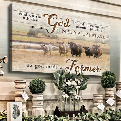 Canvas wall art with rustic whitewashed planks, large brown script God and farmer quote on Tampa Home & Garden Store