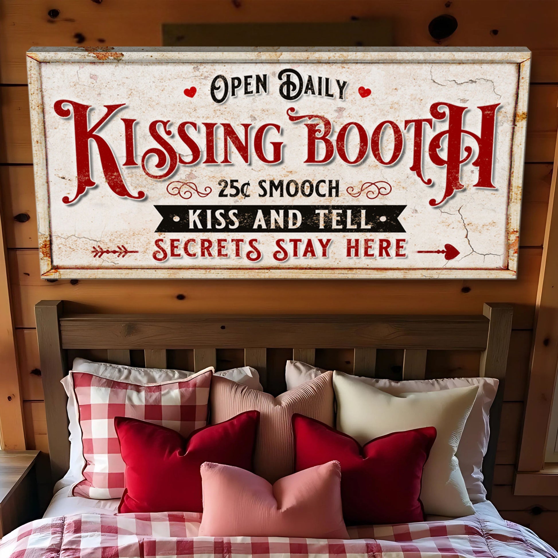 Vintage Rustic Kissing Booth Sign IV canvas by Tailored Canvases with distressed red lettering on Tampa Home & Garden Store
