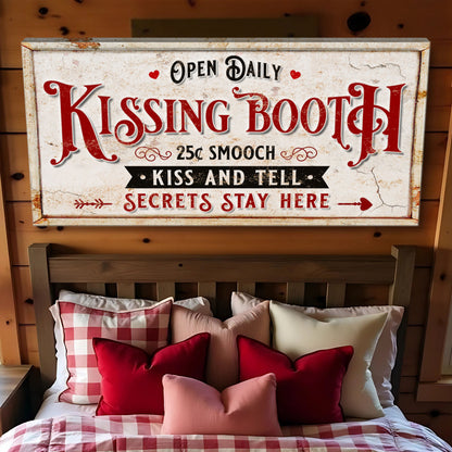 Vintage Rustic Kissing Booth Sign IV canvas by Tailored Canvases with distressed red lettering on Tampa Home & Garden Store