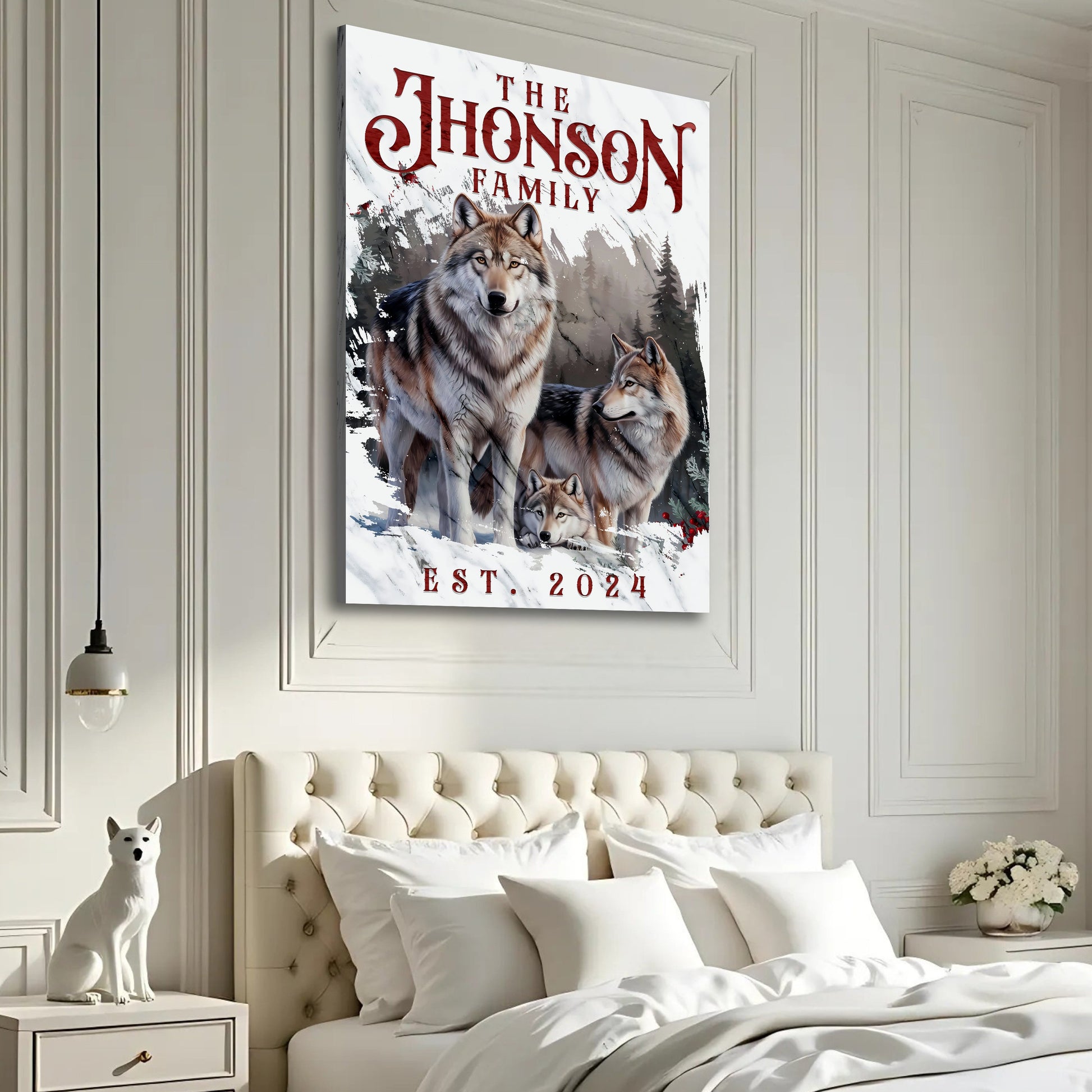 Personalized Wolf Family Canvas wall art with wolves in a forest by Tailored Canvases on Tampa Home & Garden Store