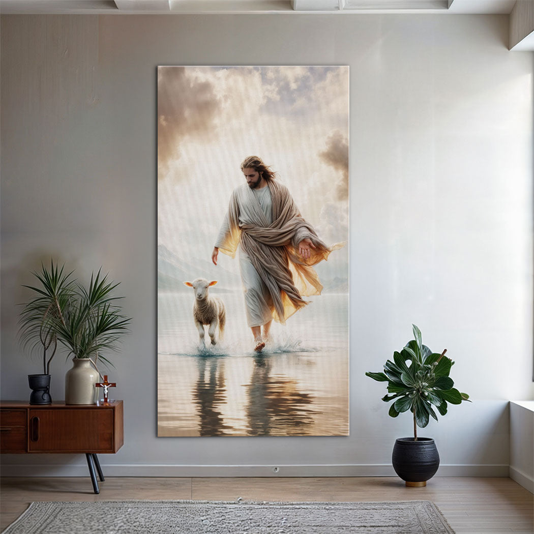 Jesus Protects The Lamb From Wolves Faith Wall Art XIII canvas by Tailored Canvases in beige tones on Tampa Home & Garden Store