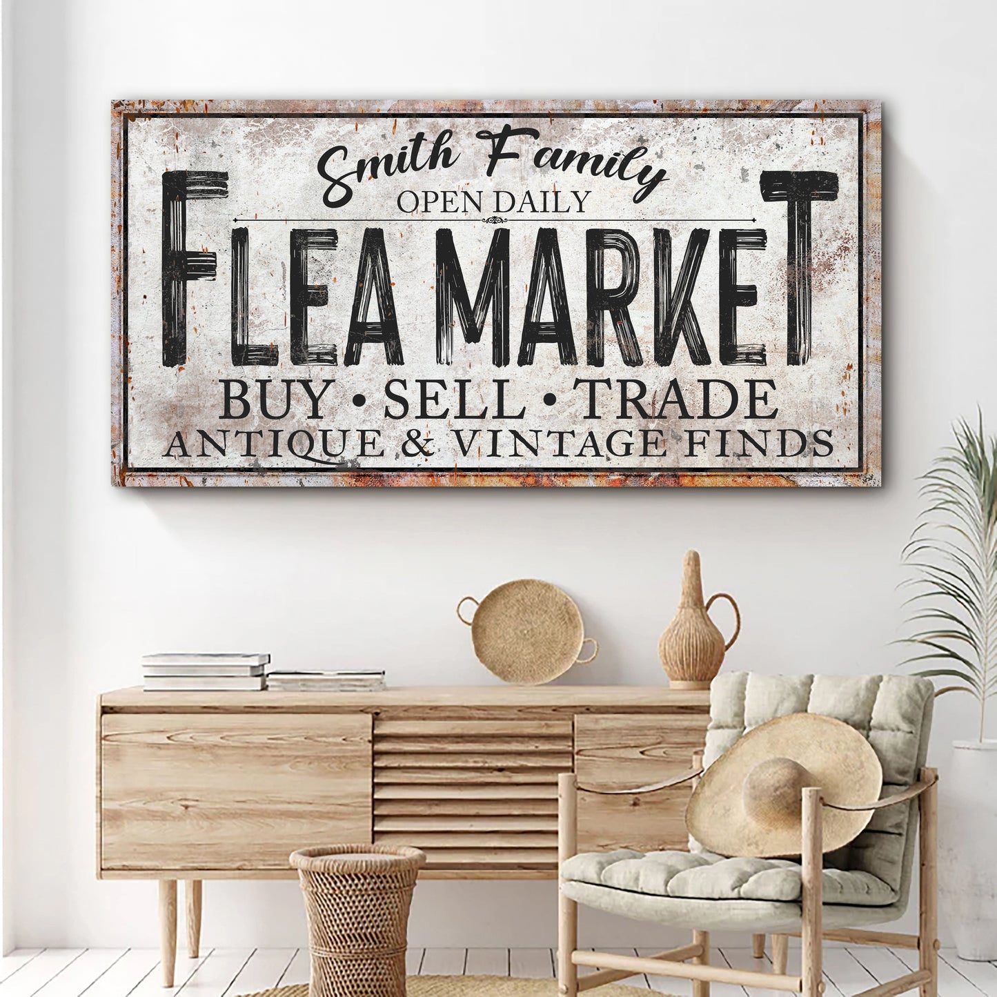 Family Flea Market sign on a rustic distressed canvas with bold FLEA MARKET lettering on Tampa Home & Garden Store