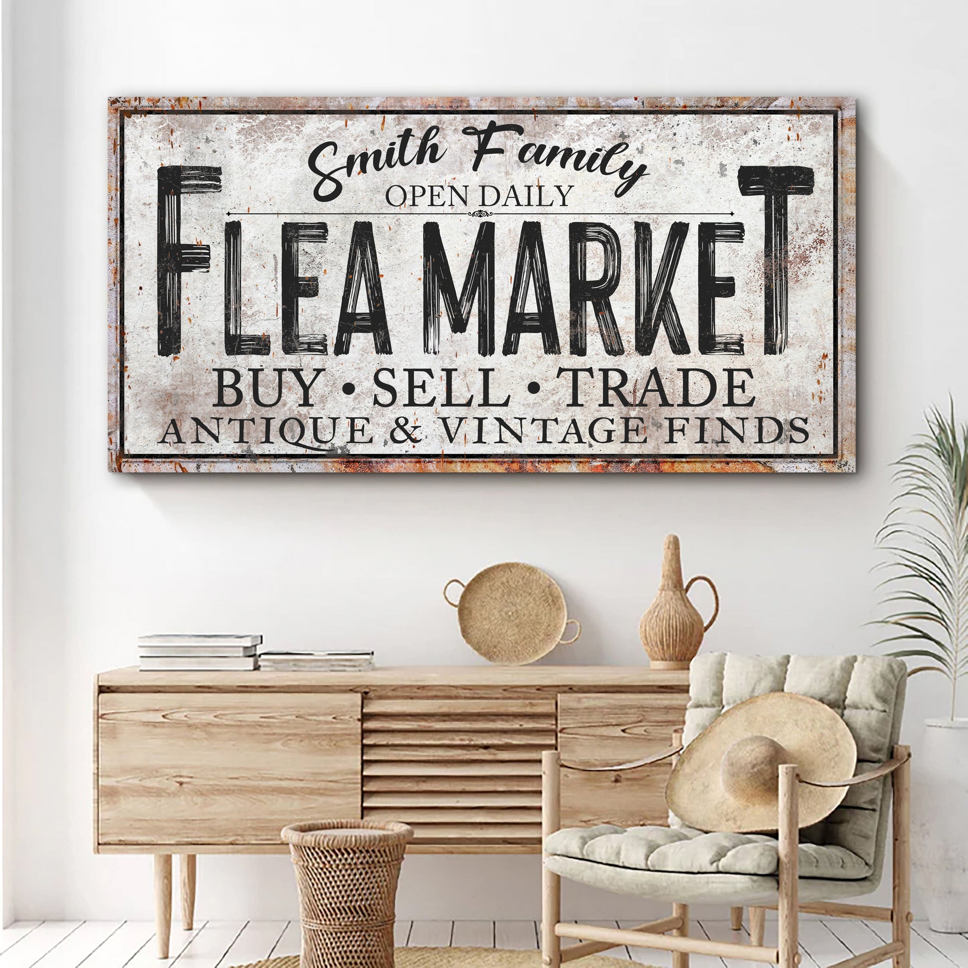 Family Flea Market sign on a rustic distressed canvas with bold FLEA MARKET lettering on Tampa Home & Garden Store