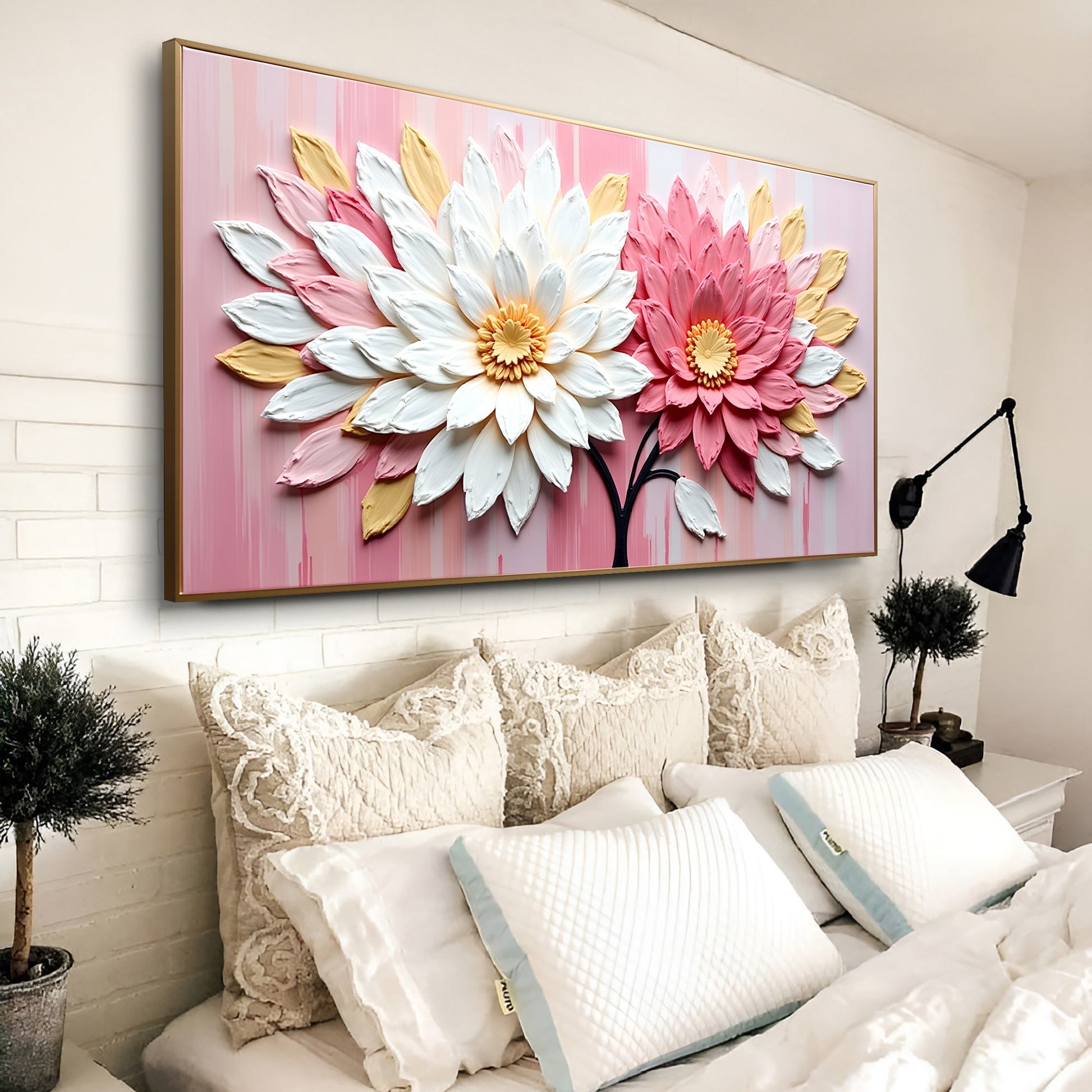 Blushing Blooms Pink Wall Art canvas with white and yellow petals on pink background on Tampa Home & Garden Store