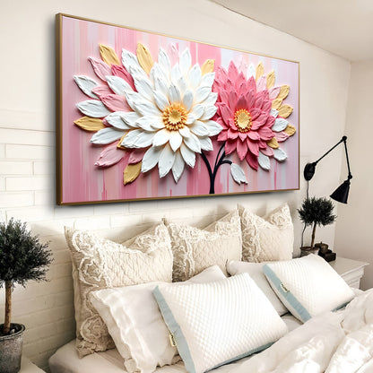 Blushing Blooms Pink Wall Art canvas with white and yellow petals on pink background on Tampa Home & Garden Store