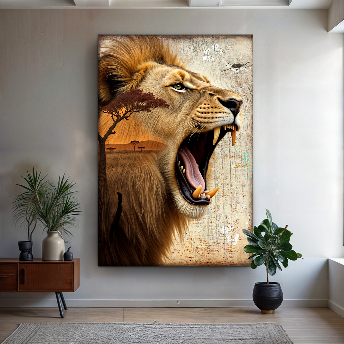 Lion Double Exposure Canvas Wall Art by Tailored Canvases in warm tan and gold tones on Tampa Home & Garden Store