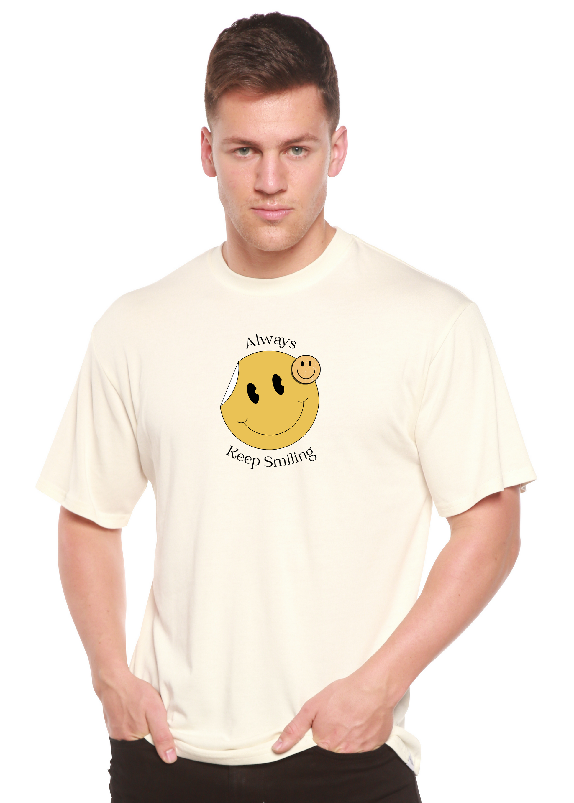 Mens cream bamboo viscose organic cotton graphic tee with yellow smiley Always Keep Smiling on Tampa Home & Garden Store