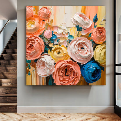 Blooming Bouquet Wall Art canvas with vibrant pink, peach and white roses in a bold abstract bouquet on Tampa Home & Garden Store