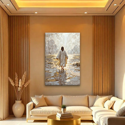 Tailored Canvases canvas wall art Jesus Christ Walking On Water Faith IV in gold and white on Tampa Home & Garden Store