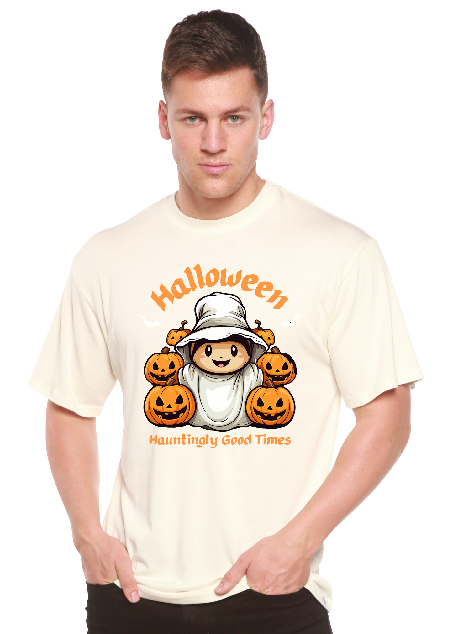 Mens cream Halloween graphic tee in bamboo viscose/organic cotton with pumpkin motif Spun Bamboo on Tampa Home & Garden Store