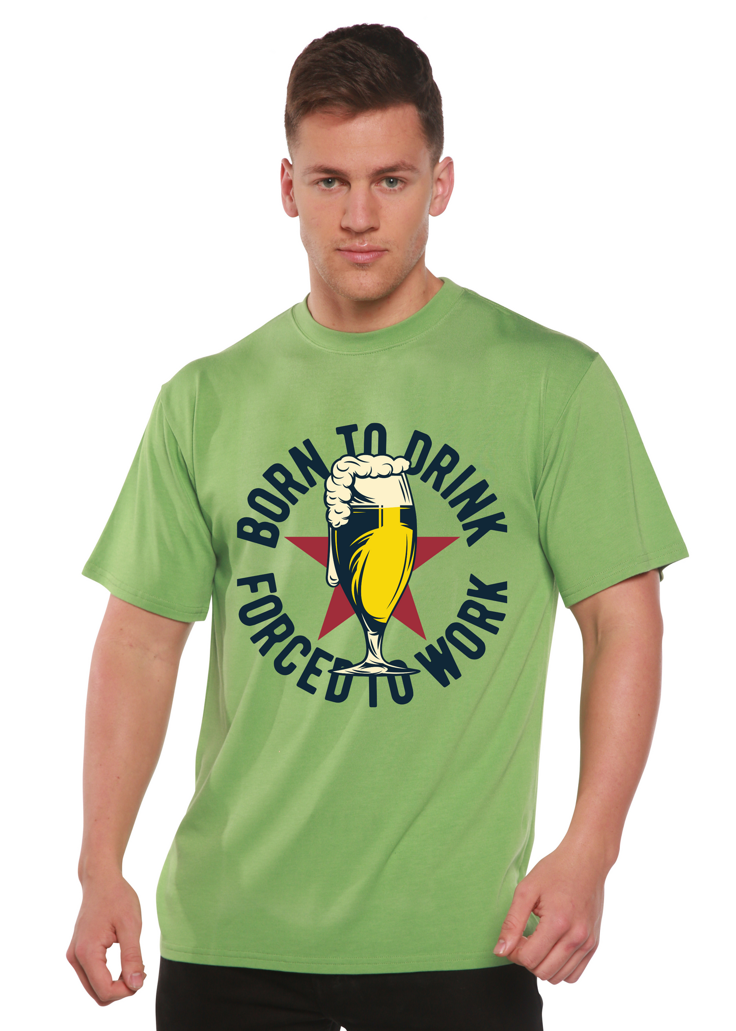 Born to Drink men's bamboo viscose/organic cotton tee lime green with beer glass logo Spun Bamboo on Tampa Home & Garden Store