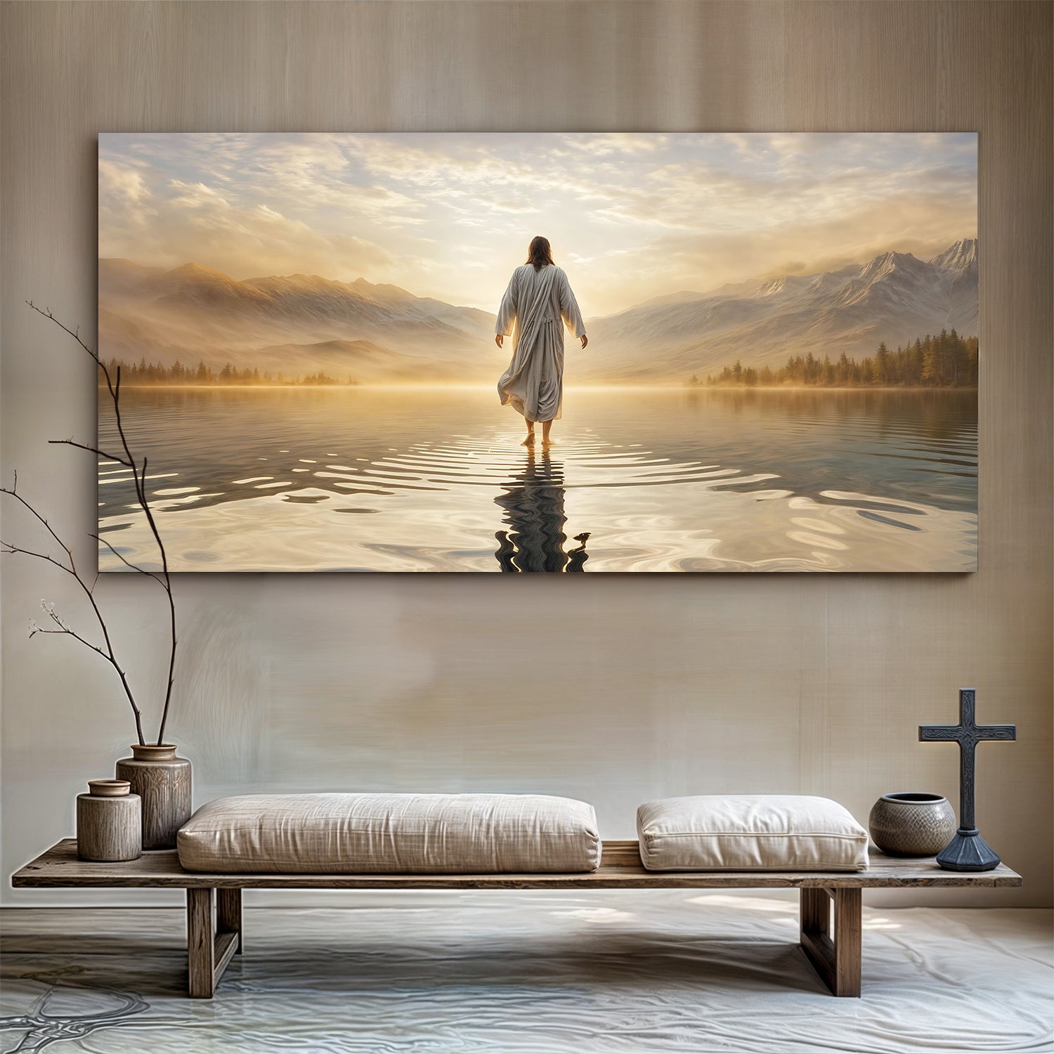 Reflections Faith Wall Art III canvas by Tailored Canvases; walker on lake at sunrise on Tampa Home & Garden Store