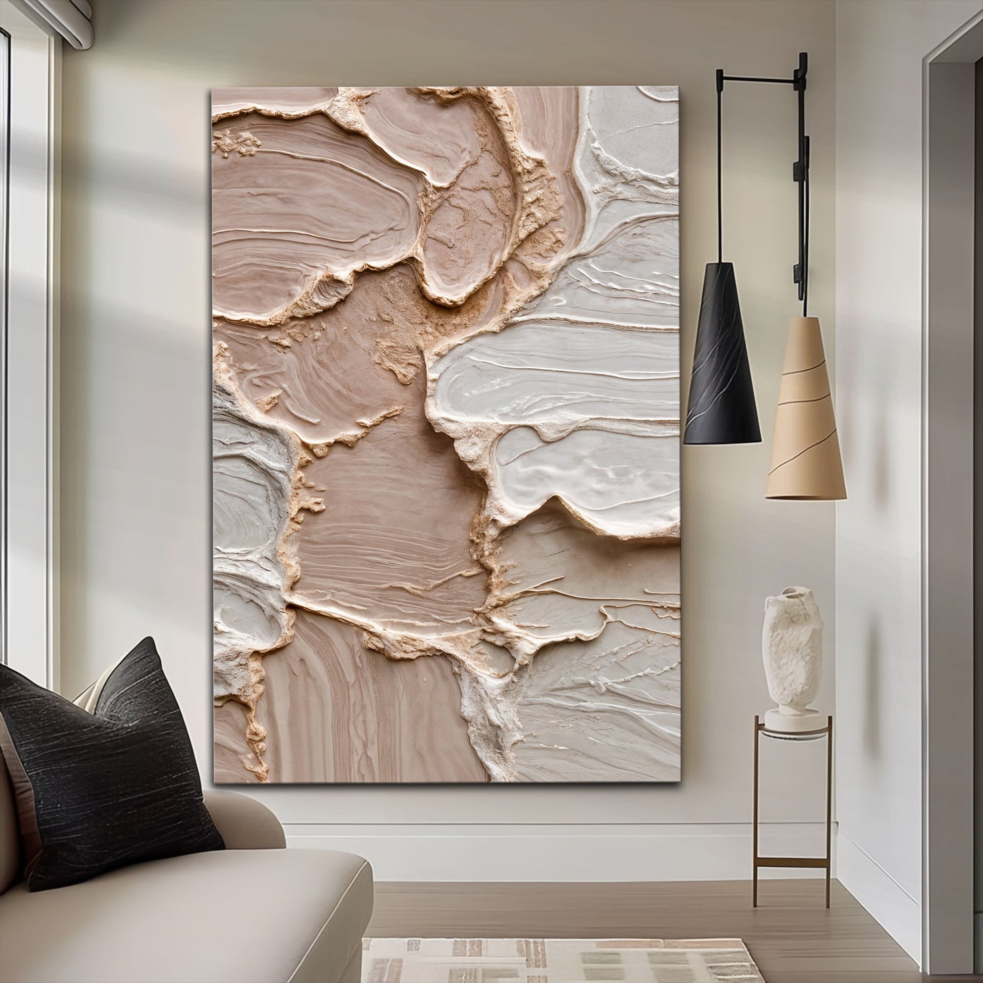 Ivory minimalist abstract wall art canvas with beige marble textures by Tailored Canvases on Tampa Home & Garden Store