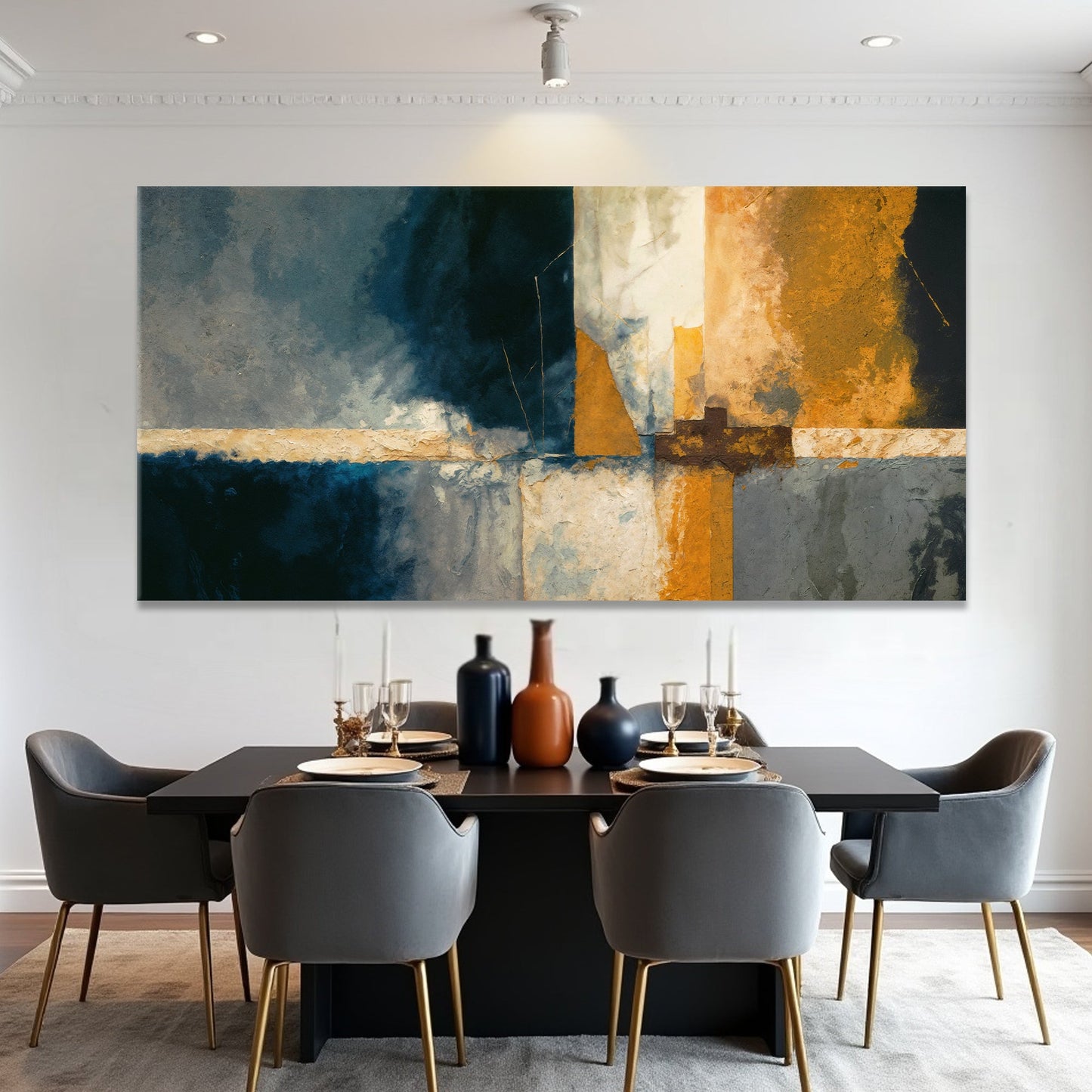 Abstract Geometric Lines Canvas wall art in blue and gold textures by Tailored Canvases on Tampa Home & Garden Store