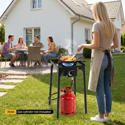 GemGear propane camping stove with regulator on a black stand and red gas cylinder on Tampa Home & Garden Store