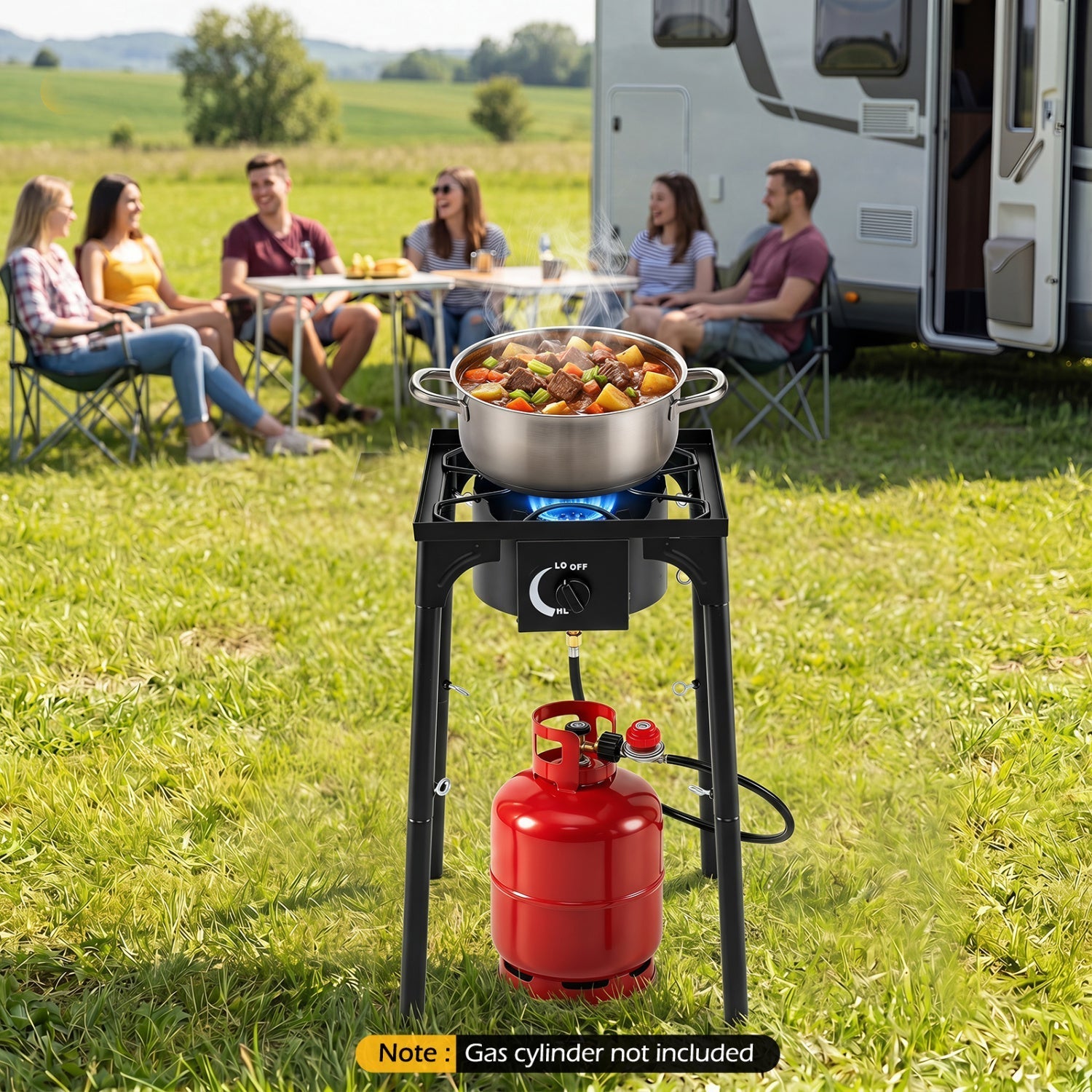 Propane camping stove 80000 BTU GemGear black single burner with regulator outdoors on Tampa Home & Garden Store