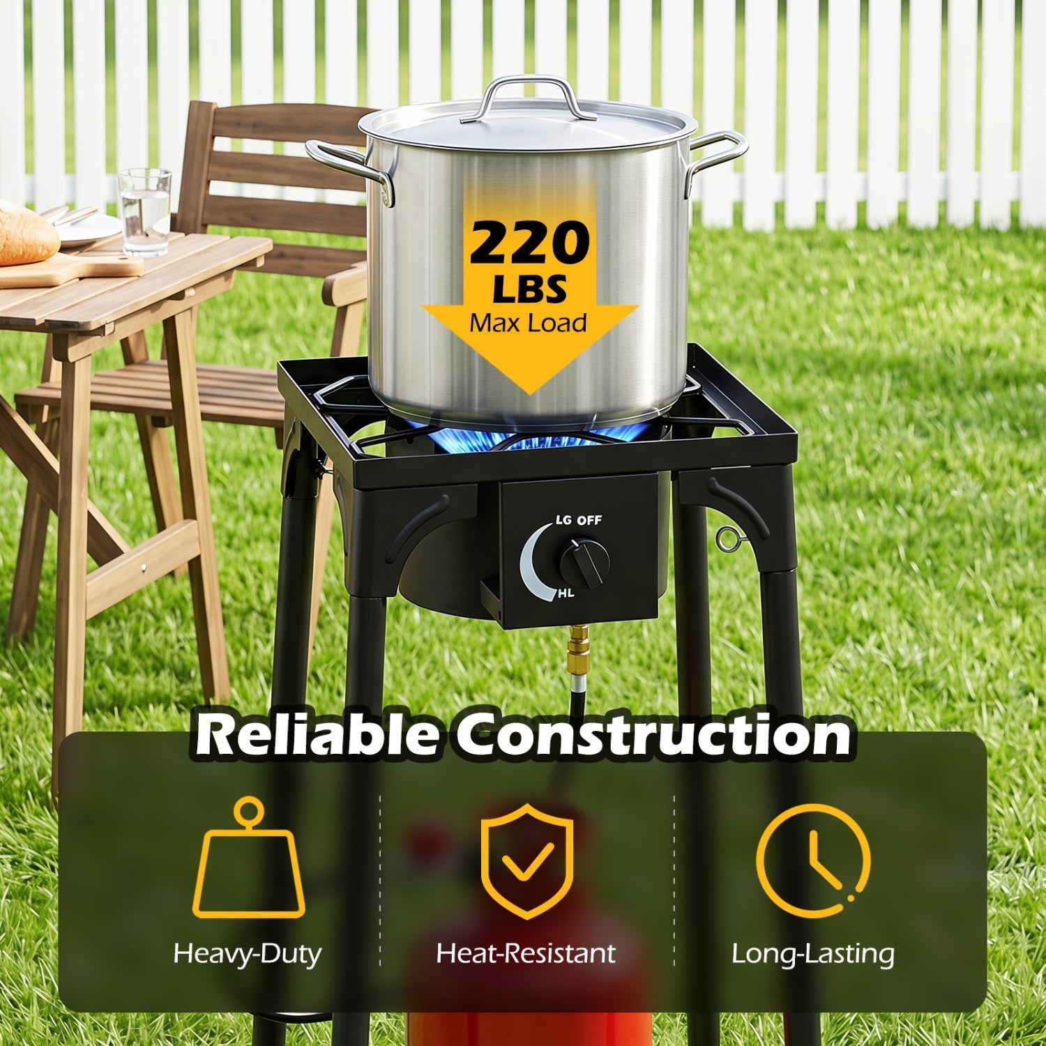 Propane Camping Stove GemGear 80000 BTU single burner with regulator on stainless steel stock pot on Tampa Home & Garden Store