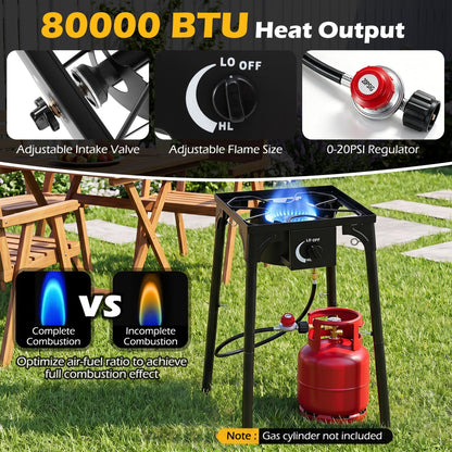 Outdoor stove with regulator and blue flame on red propane cylinder 80000 BTU single burner on Tampa Home & Garden Store
