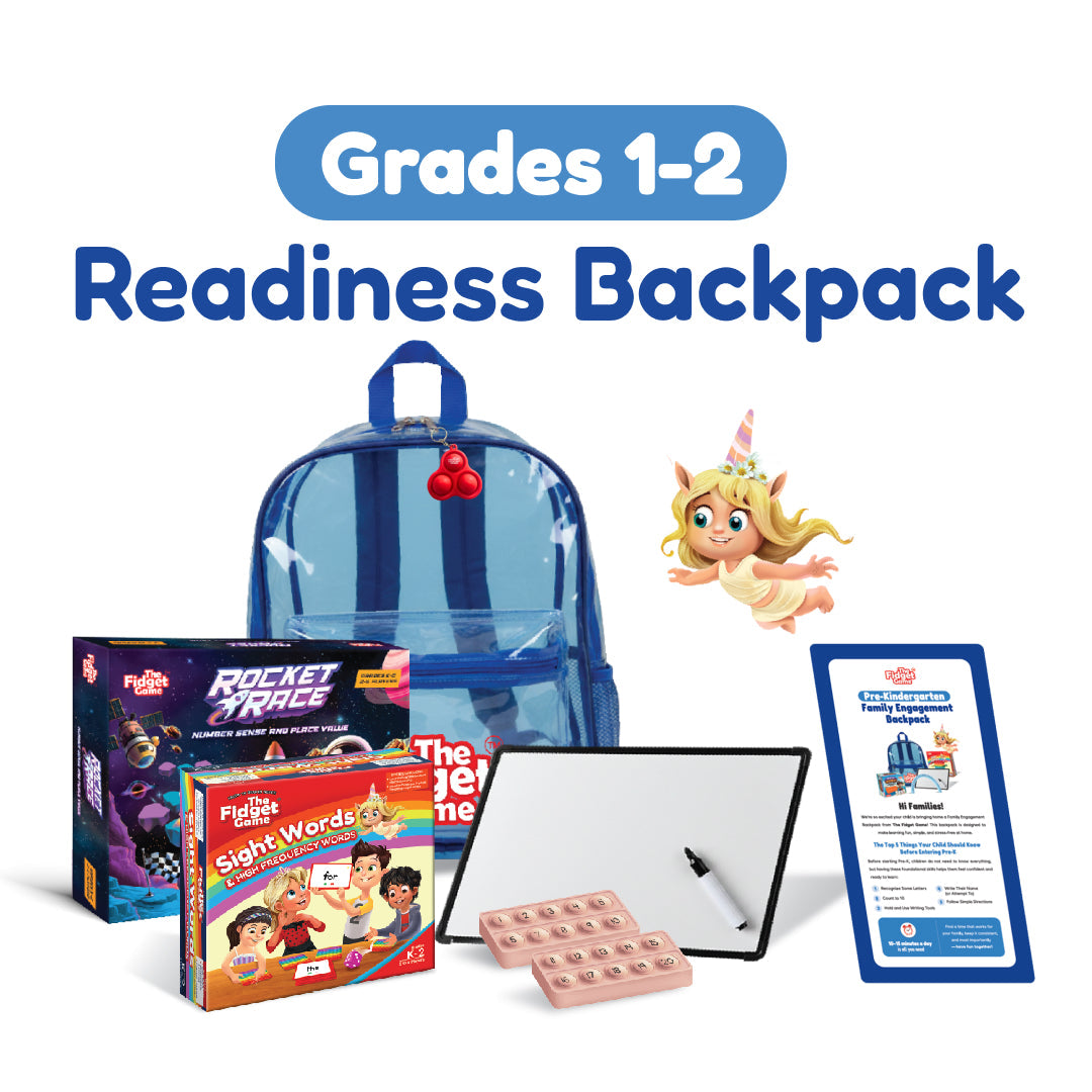Grades 1-2 Readiness Backpack by The Fidget Games blue backpack with Rocket Orbit & Sight Words on Tampa Home & Garden Store