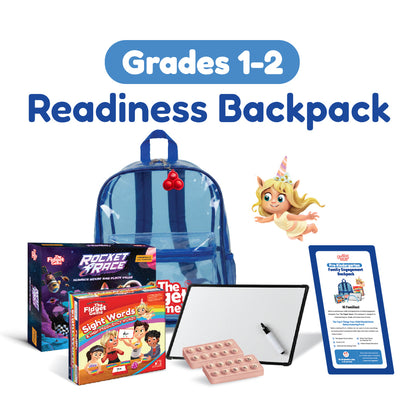 Grades 1-2 Readiness Backpack by The Fidget Games blue backpack with Rocket Orbit & Sight Words on Tampa Home & Garden Store